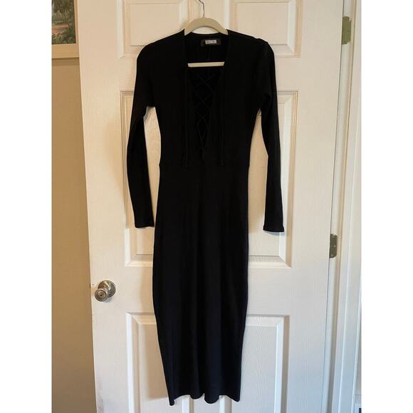 Reformation Edison Dress Black Lace Up Ribbed Long Sleeve size Large - Picture 3 of 12